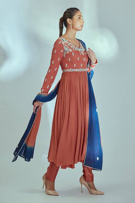 Suruchi Parakh_Orange Tussar Silk, Georgette Crepe, Lining Embroidered Pleated Anarkali Set _Online_at_Aza_Fashions