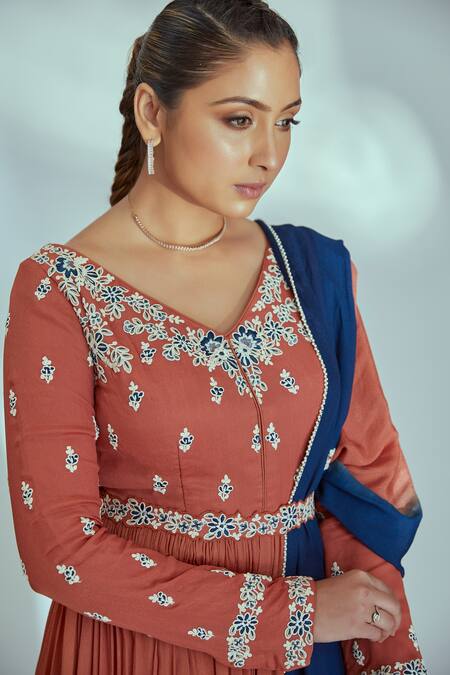 Buy_Suruchi Parakh_Orange Tussar Silk, Georgette Crepe, Lining Embroidered Pleated Anarkali Set _Online_at_Aza_Fashions