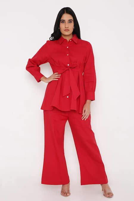 Bha Sha Red Modal, Satin Collared Tunic With Pant Online at Aza Fashions Bha Sha_Red Modal, Satin Collared Tunic With Pant _Online_at_Aza_Fashions
