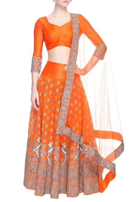 Surendri Orange Embroidered Thread And Zari Work V Neck Lehenga Blouse Set 