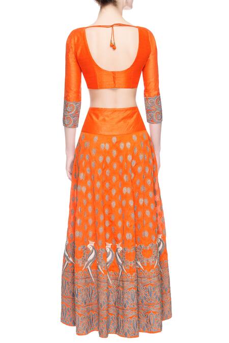 Shop_Surendri_Orange Thread And Zari Work V Neck Embroidered Lehenga Blouse Set_at_Aza_Fashions