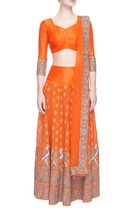 Surendri_Orange Thread And Zari Work V Neck Embroidered Lehenga Blouse Set_Online_at_Aza_Fashions