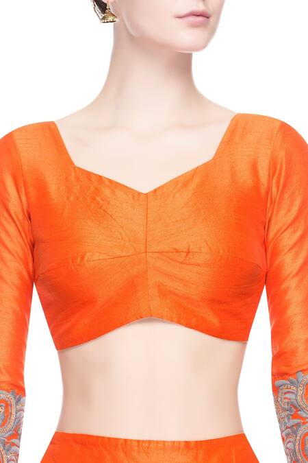 Buy_Surendri_Orange Thread And Zari Work V Neck Embroidered Lehenga Blouse Set_Online_at_Aza_Fashions
