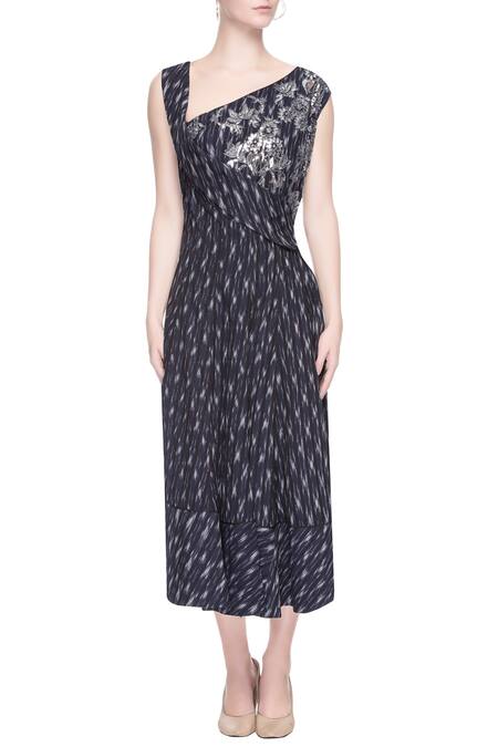 Surendri_Blue Indigo Dress With Foil Embroidery_Online_at_Aza_Fashions