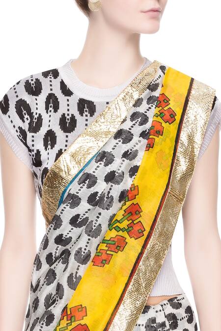 Surendri_White Chanderi Silk Printed Pacman Round Neck Saree_Online_at_Aza_Fashions