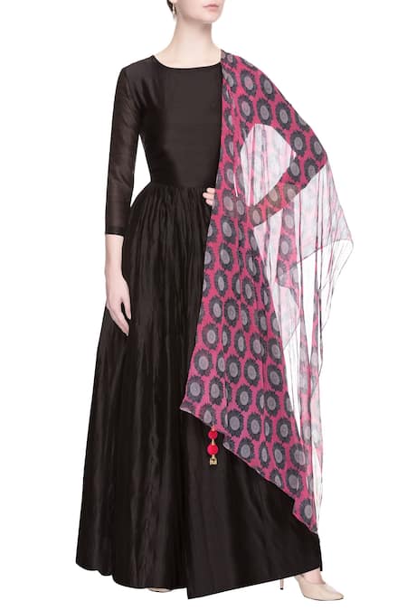Surendri Black Chanderi Silk Anarkali With Dupatta 