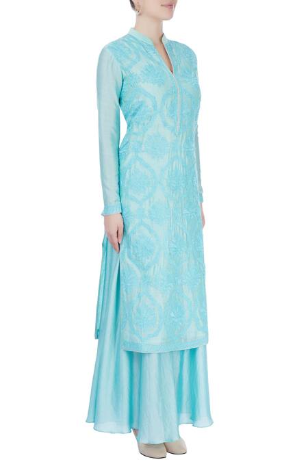 Aiman_Blue Embroidered Dori Work Band Collar Kurta And Palazzo Set _Online_at_Aza_Fashions