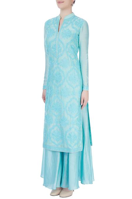 Buy_Aiman_Blue Embroidered Dori Work Band Collar Kurta And Palazzo Set _Online_at_Aza_Fashions