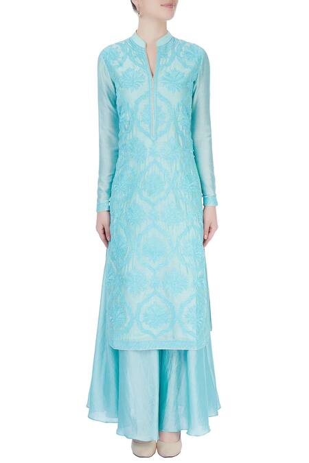Shop_Aiman_Blue Embroidered Dori Work Band Collar Kurta And Palazzo Set _Online_at_Aza_Fashions