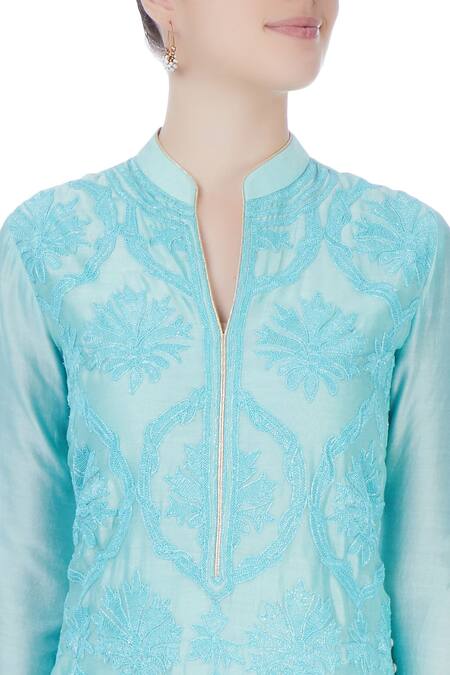 Aiman_Blue Embroidered Dori Work Band Collar Kurta And Palazzo Set _at_Aza_Fashions