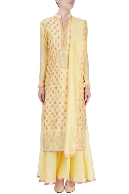 Shop Aiman Yellow Chanderi Mandarin Collar Kurta Set Online at Aza Fashions Shop_Aiman_Yellow Chanderi Mandarin Collar Kurta Set _Online_at_Aza_Fashions