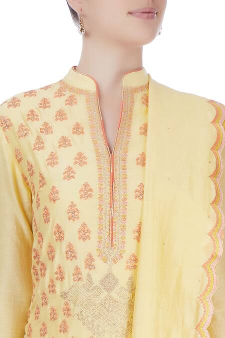 Aiman Yellow Chanderi Mandarin Collar Kurta Set at Aza Fashions Aiman_Yellow Chanderi Mandarin Collar Kurta Set _at_Aza_Fashions