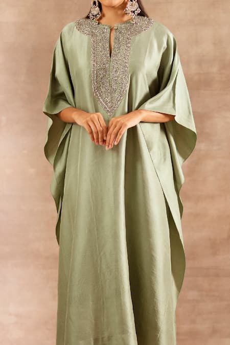 Jayanti Reddy_Green Silk Zardozi Round Neckline Embroidered Kaftan _Online_at_Aza_Fashions