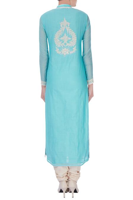 Shop Aiman Blue Chanderi Silk Mandarin Collar Kurta Set at Aza Fashions Shop_Aiman_Blue Chanderi Silk Mandarin Collar Kurta Set_at_Aza_Fashions