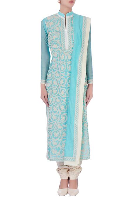 Aiman Blue Chanderi Silk Mandarin Collar Kurta Set Online at Aza Fashions Aiman_Blue Chanderi Silk Mandarin Collar Kurta Set_Online_at_Aza_Fashions