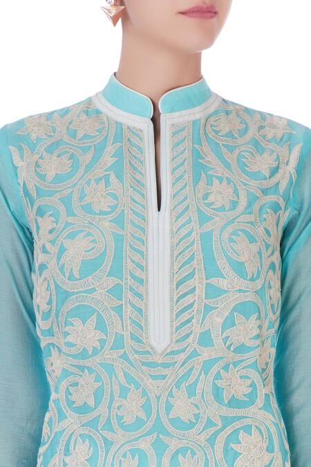 Buy Aiman Blue Chanderi Silk Mandarin Collar Kurta Set Online at Aza Fashions Buy_Aiman_Blue Chanderi Silk Mandarin Collar Kurta Set_Online_at_Aza_Fashions