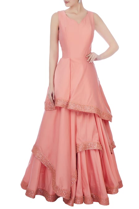 Neha Mehta Couture Pink Leaf Neck Layered Flared Gown 