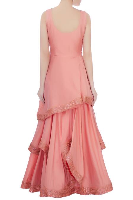 Shop Neha Mehta Couture Pink Leaf Neck Layered Flared Gown at Aza Fashions Shop_Neha Mehta Couture_Pink Leaf Neck Layered Flared Gown_at_Aza_Fashions
