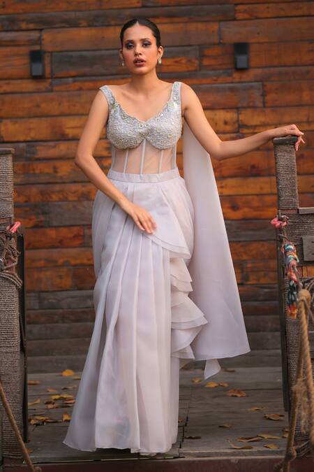 Buy_House Of Tushaom_Gray Satin Organza Embroidery Resham Leaf Neck Grey Saree Gown _Online_at_Aza_Fashions