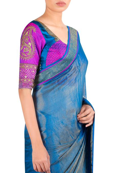 LATHA PUTTANNA_Blue Banarasi Silk Square Neck Applique Work Saree With Blouse_Online_at_Aza_Fashions