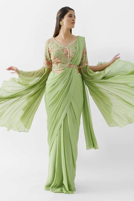 Suruchi Parakh_Green Satin Silk, Georgette Crepe, Pre-draped Saree With Flared Sleeve Blouse_Online_at_Aza_Fashions