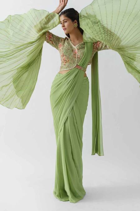 Buy_Suruchi Parakh_Green Satin Silk, Georgette Crepe, Pre-draped Saree With Flared Sleeve Blouse_Online_at_Aza_Fashions