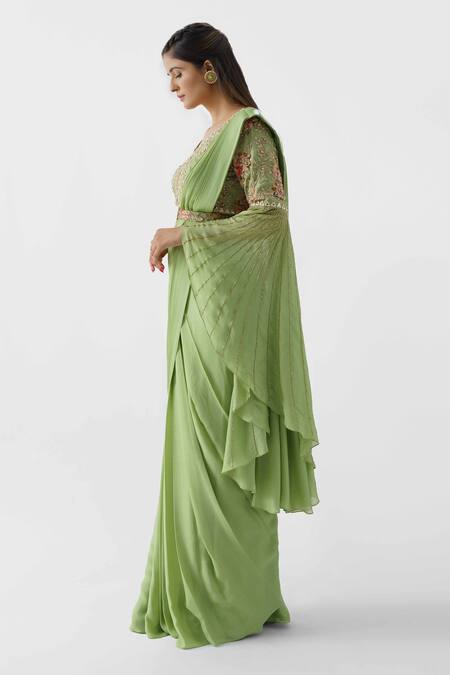 Shop_Suruchi Parakh_Green Satin Silk, Georgette Crepe, Pre-draped Saree With Flared Sleeve Blouse_Online_at_Aza_Fashions