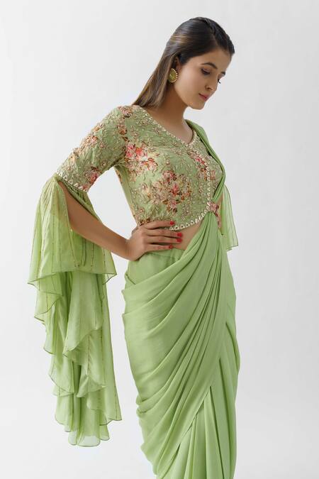 Suruchi Parakh_Green Satin Silk, Georgette Crepe, Pre-draped Saree With Flared Sleeve Blouse_at_Aza_Fashions
