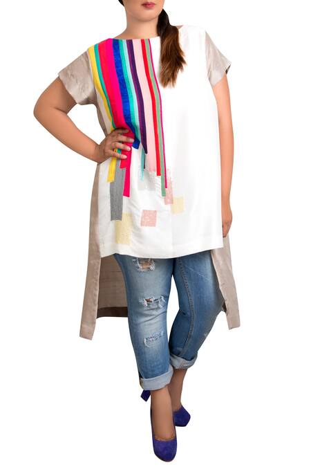 Half Full Curve White Embroidered Asymmetric Top