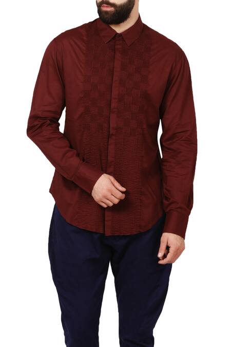 Rajesh Pratap Singh_Red Dobby Cotton Textured Shirt_Online_at_Aza_Fashions