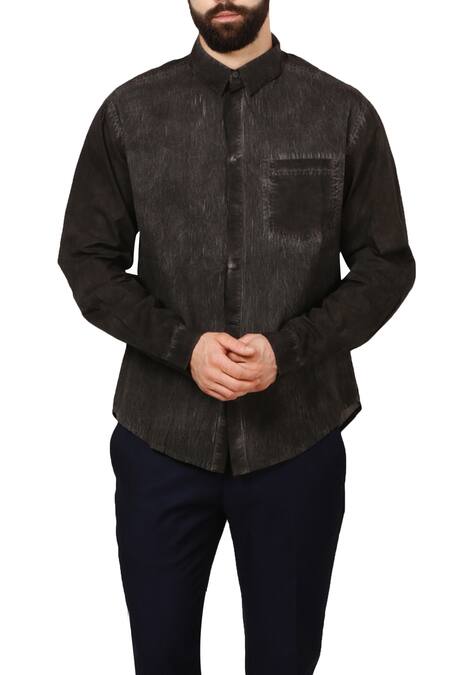 Rajesh Pratap Singh_Black Cotton Washed And Distressed Shirt_Online_at_Aza_Fashions