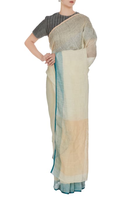 Anavila Beige Linen Hand Woven Saree With Blue Border And Unstitched Blouse For Women