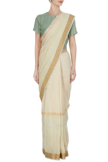 Anavila_Beige Linen Zari Vanilla Hand Woven Work Saree With Unstitched Blouse_Online_at_Aza_Fashions