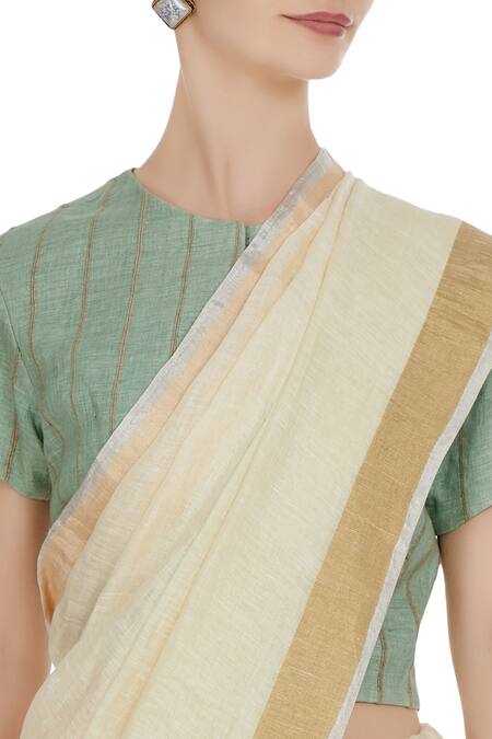 Buy_Anavila_Beige Linen Zari Vanilla Hand Woven Work Saree With Unstitched Blouse_Online_at_Aza_Fashions