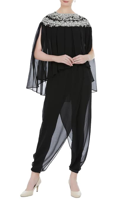 Preeti S Kapoor Black Georgette Round Embroidered Top And Dhoti Pant Set