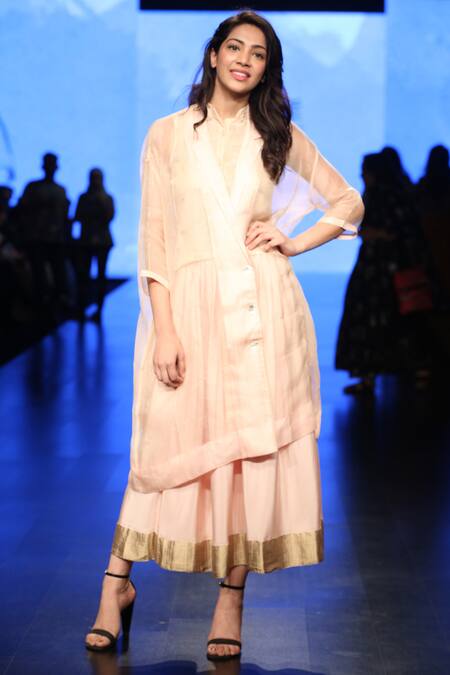 Buy_Latha Puttanna_Pink Organza Lapel Collar Jacket _Online_at_Aza_Fashions