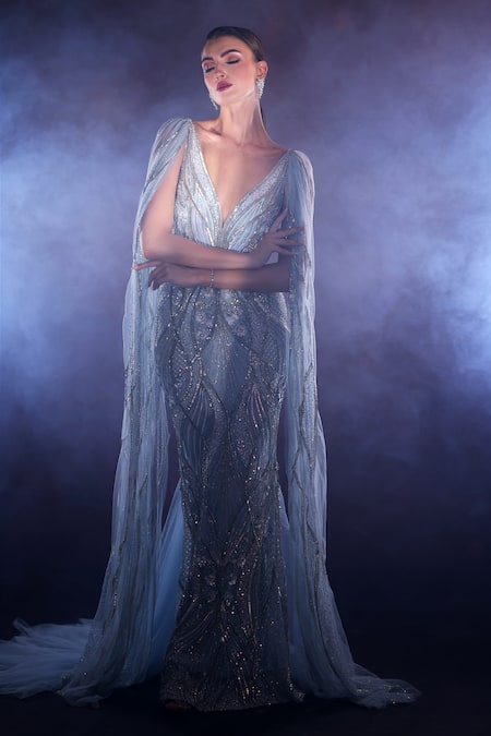 Bhawna Rao_Blue Silk, Tulle Crystals, Beads Plunge Neck Hand Embroidered Gown _Online_at_Aza_Fashions