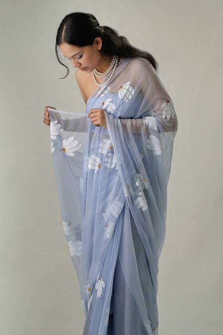 Buy_Meghstudio_Blue Viscose, Silk, Modal Pearls, Fabric Embroidered And Painted Saree _Online_at_Aza_Fashions