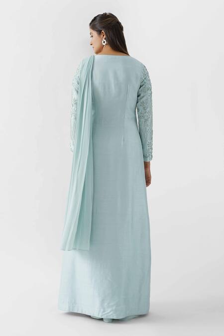 Shop_Suruchi Parakh_Blue Tussar Silk, Georgette Crepe, Lining Pre-draped Saree With Jacket Blouse_at_Aza_Fashions