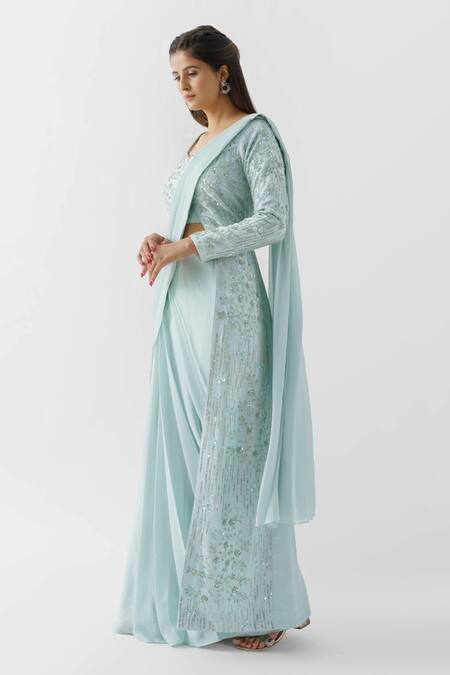 Suruchi Parakh_Blue Tussar Silk, Georgette Crepe, Lining Pre-draped Saree With Jacket Blouse_Online_at_Aza_Fashions