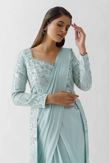Buy_Suruchi Parakh_Blue Tussar Silk, Georgette Crepe, Lining Pre-draped Saree With Jacket Blouse_Online_at_Aza_Fashions