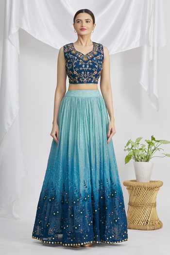 Khwaab By Sanjana Lakhani_Blue Thread Work Floral Lehenga Set_Online_at_Aza_Fashions