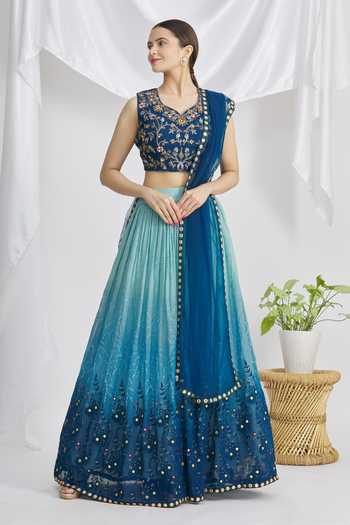 Buy_Khwaab By Sanjana Lakhani_Blue Thread Work Floral Lehenga Set_Online_at_Aza_Fashions