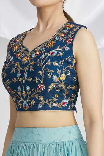 Shop_Khwaab By Sanjana Lakhani_Blue Thread Work Floral Lehenga Set_Online_at_Aza_Fashions