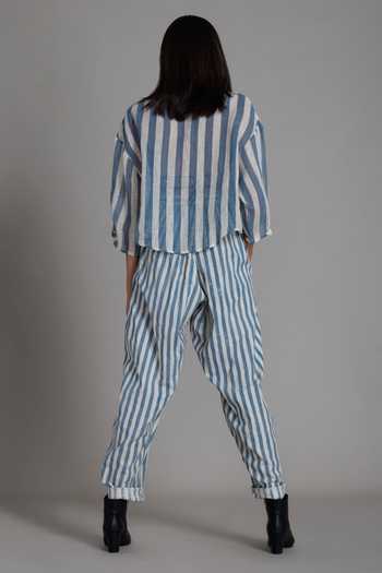 Shop MATI Off White 100% Cotton Hand Block Stripe Print Balloon Pants at Aza Fashions Shop_MATI_Off White 100% Cotton Hand Block Stripe Print Balloon Pants_at_Aza_Fashions