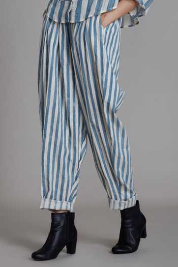 MATI Off White 100% Cotton Hand Block Stripe Print Balloon Pants at Aza Fashions MATI_Off White 100% Cotton Hand Block Stripe Print Balloon Pants_at_Aza_Fashions