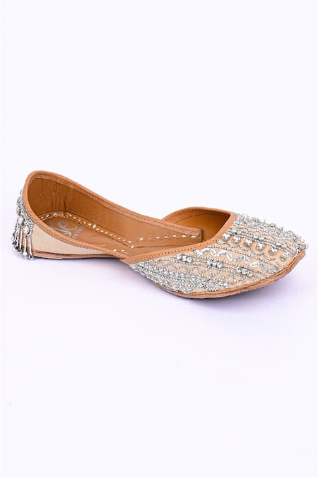 Jutti Express_Gold Embroidered Crystaline Tassels Juttis _Online_at_Aza_Fashions