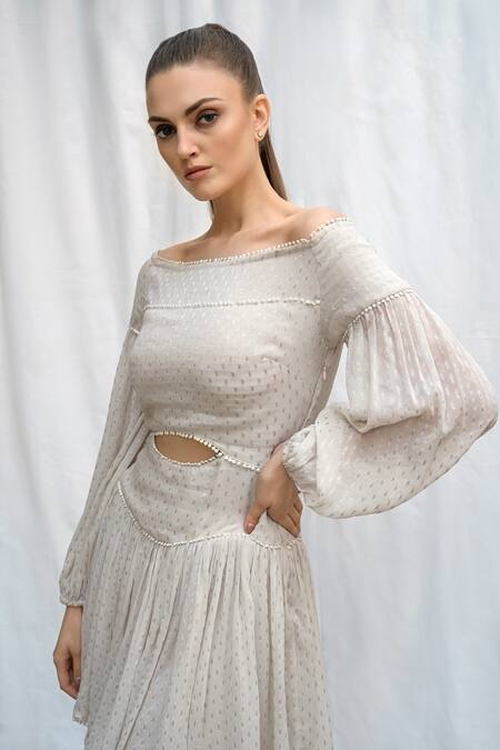 Shop_Amrta By Guneet Kondal_Off White Viscose, Georgette Lace Off-shoulder Dress_Online_at_Aza_Fashions