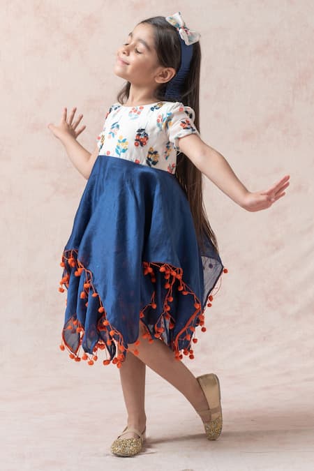 Thetaa_Blue Chanderi Silk, Polyester, Voile Embroidery, Floral Print Layered Hem Dress _Online_at_Aza_Fashions