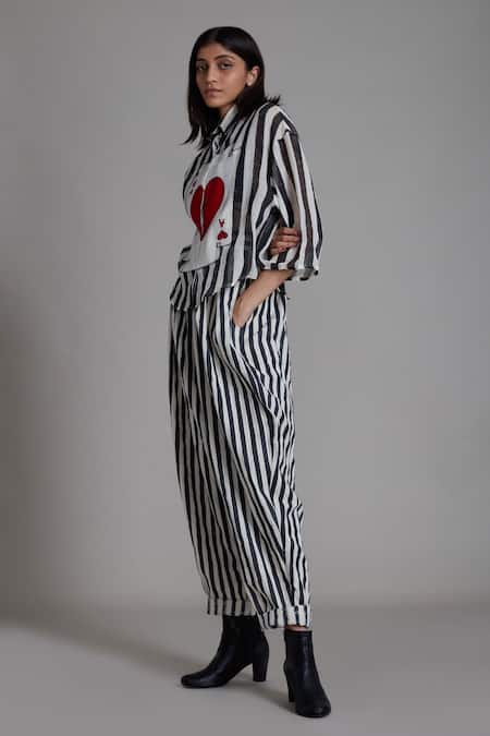 MATI_Off White 100% Cotton Hand Block Stripe Print Balloon Pants_Online_at_Aza_Fashions